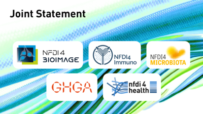 Abbildung mit den 5 logos der NFDI-Biomed-Konsortien. 