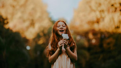 A cheerful girl with long red hair stands outdoors, holding a white flower in her hands and laughing. In the background, autumnal golden trees and a blue sky can be seen.