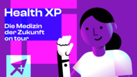 Illustration einer Ärztin mit erhobener Faust vor lila-pinkem Hintergrund, daneben der Schriftzug 'Health XP – Die Medizin der Zukunft on tour'