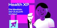 Illustration einer Ärztin mit erhobener Faust vor lila-pinkem Hintergrund, daneben der Schriftzug 'Health XP – Die Medizin der Zukunft on tour'